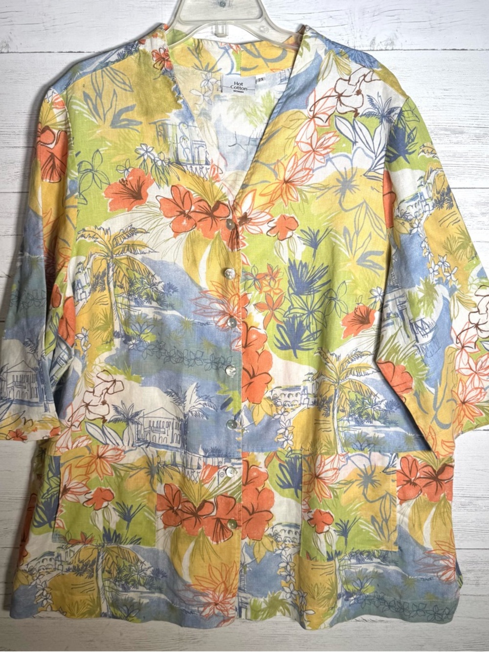 Hot Cotton Marc Ware Floral Button Tunic Top Linen Cotton Plus Sz 2X Resort